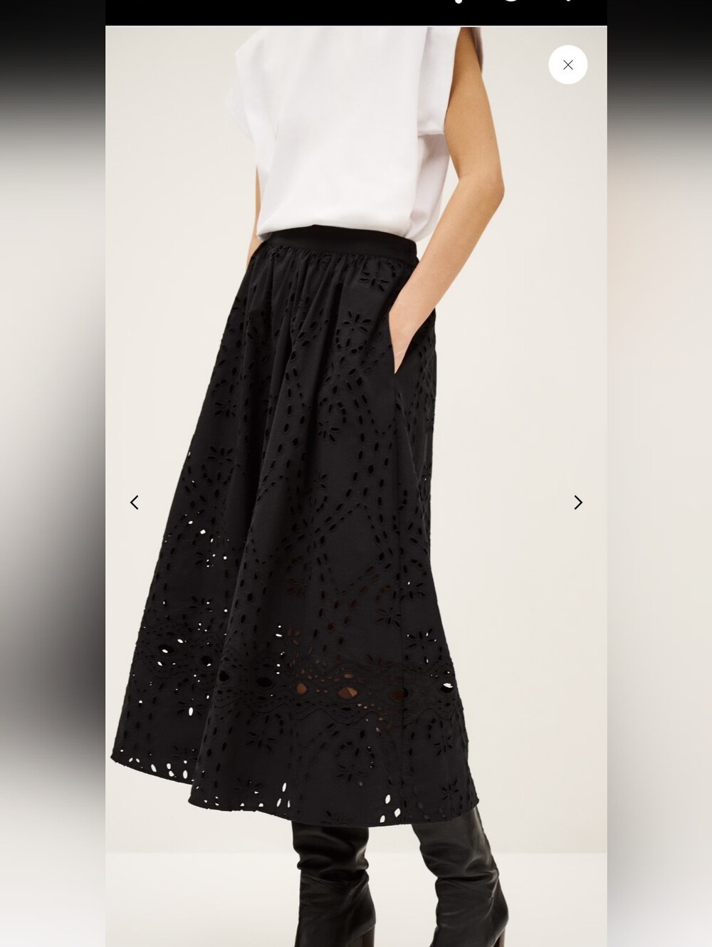 Sezane style Black Organic Cotton Lined Midi Eyelet French Broderie Full Skirt L